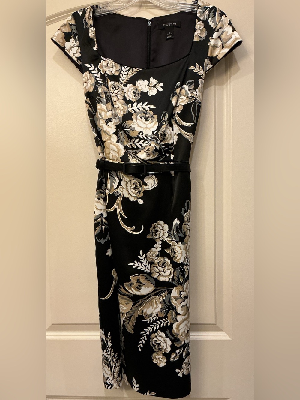 White House Black Market Black Gold Floral Satin Sheath Dress Belted 6